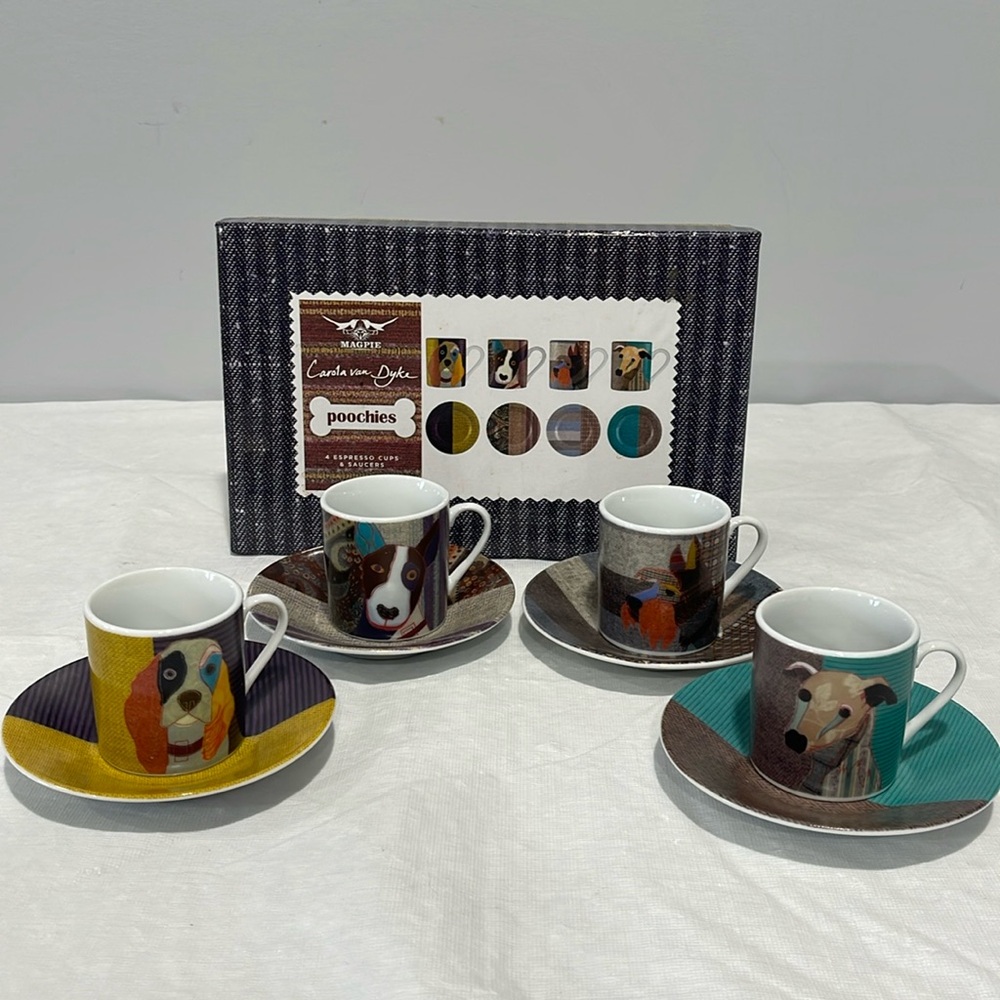 Magpie Carola van Dyke Poochies espresso cups and saucers set NEW